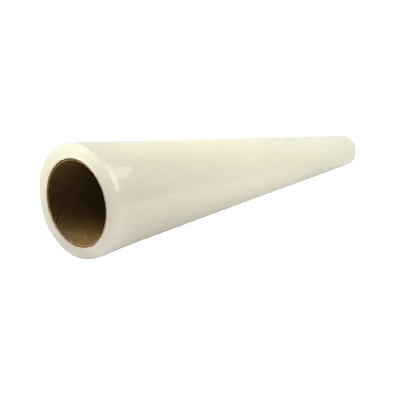 The Go Build 24 in. x 50 ft. Carpet Protection Self Adhesive Film is a glossy white roll with a brown cardboard core, shown angled on a white background—ideal for temporary floor protection.